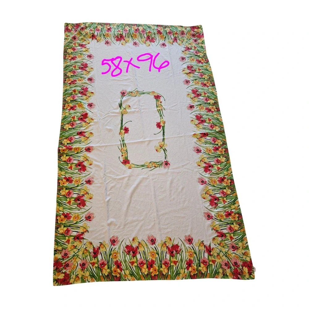 Vintage Vera Linen Tablecloth Floral Daffodil Tulip Print Rectangle 58x96‎